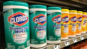 a row of Clorox (CLX) wipes on a shelf