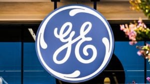 The General Electric (GE) logo on a building