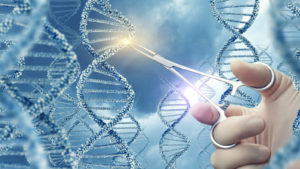 a stylized image of a Doctor touching a medical clamp a DNA molecule