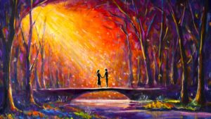 A painting of two people on a bridge holding hands