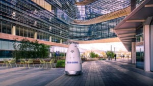 A Knightscope robot with a Samsung logo patrols the Samsung corporate campus.