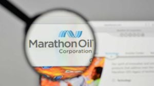 marathon oil (MRO stock) logo on a screen