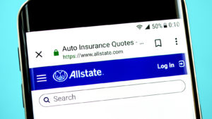 ALL stock A photo of a smartphone on the Allstate website