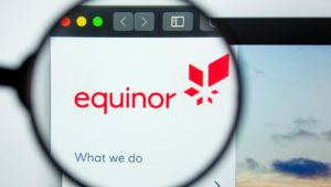 Illustrative editorial of EQUINOR (EQNR) website homepage, with EQUINOR logo visible on display screen. I