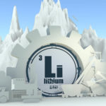 Graphic of Lithium scientific symbol (Li) in the shape of a big white gear with construction equipment and mountain around it. favorite Lithium stocks