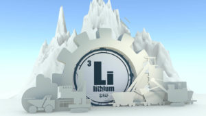 Graphic of Lithium scientific symbol (Li) in the shape of a big white gear with construction equipment and mountain around it. Lithium stocks
