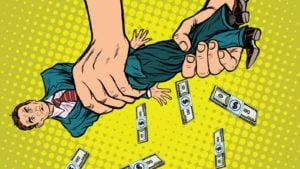 illustration of a person wringing out a business man on a yellow cartoon backdrop with dollar bills falling