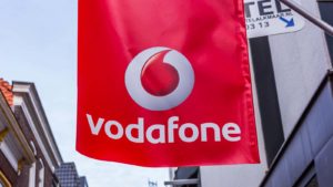 Vodafone (VOD) banner handing outside of building