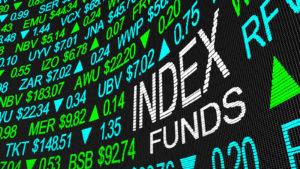 an LED display of stock tickers has big white letters spelling Index Funds to buy