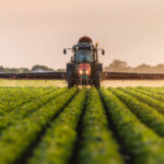 Tractor spraying pesticides on soybean field with sprayer