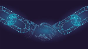 Image of two blue glowing chains shaking hands. representing the STO platforms