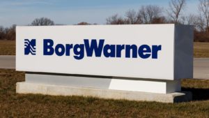 A BorgWarner (BWA) sign sits out front of a BorgWarner plant in Noblesville, Indiana.