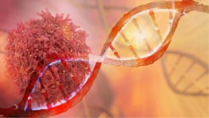 a model of a cancer attacking a double helix of DNA representing BPTH stock.