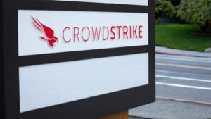 A signboard with the CrowdStrike (CRWD) company logo