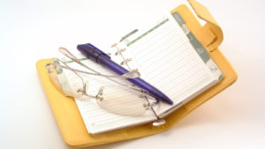 A pen and a pair of eyeglasses sit inside an organizational planner.