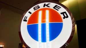 The Fisker (FSR) logo hangs on display at the November 2011 International Auto Show.