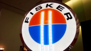 The Fisker logo hangs on display at the November 2011 International Auto Show. 