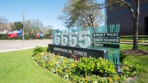 San Felipe Street 5555 outside address stand with Marathon Oil Tower tenants on February 2016 in Houston, United States.