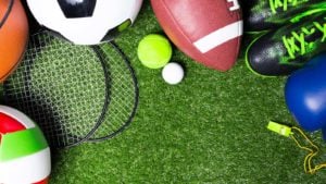 Various sports equipment like a football, soccer ball and volleyball on green grass.