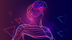 An abstract illustration of an adult wearing an AR/VR headset representing MANA Crypto.
