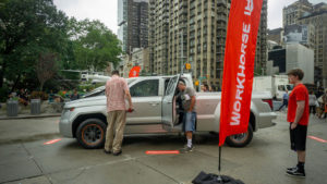 A Workhorse (WKHS) W-15 hybrid electric pickup truck on display at a branding event in Flatiron Plaza in New York.