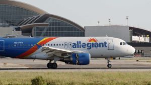 An Allegiant Air (ALGT) Airbus A319 lands at a Los Angeles, California airport.