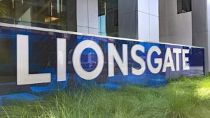 A Lions Gate (LGF.A, LGF.B) sign in front of the company headquarters in Santa Monica, California.