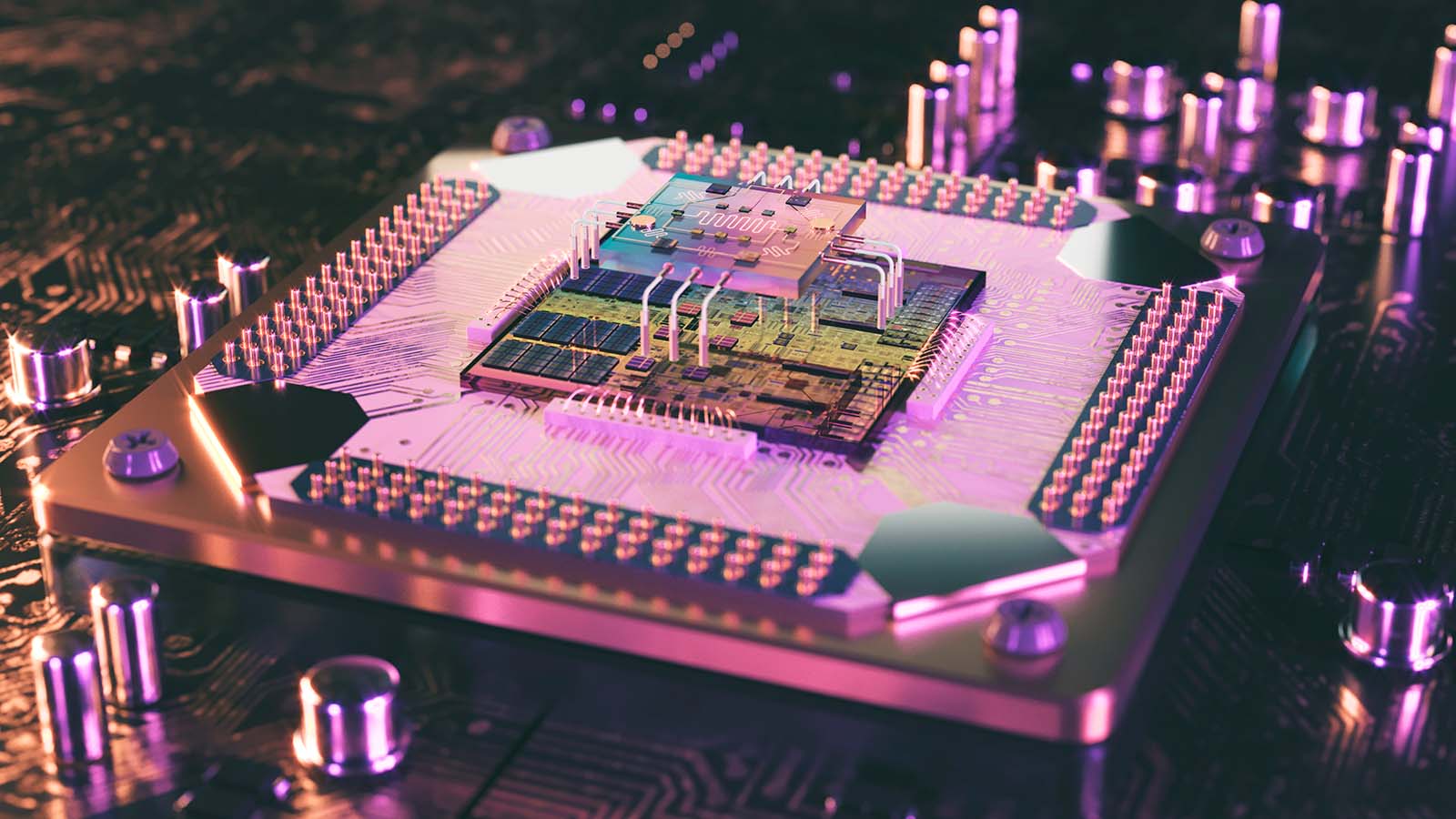 quantum computing stocks: A 3D rendering of a quantum computing processor.