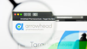 Image of the Arrowhead Pharmaceuticals (ARWR) website with a magnifying glass focusing on the logo
