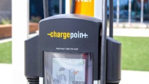 A ChargePoint electricity port in a parking lot in Irvine, California.