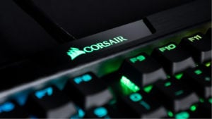 Image of Corsair Gaming (CRSR) logo on a light up keyboard.