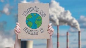 A close-up shot of a person holding a sign saying "There's No Planet B" with fossil fuels burning in the background.