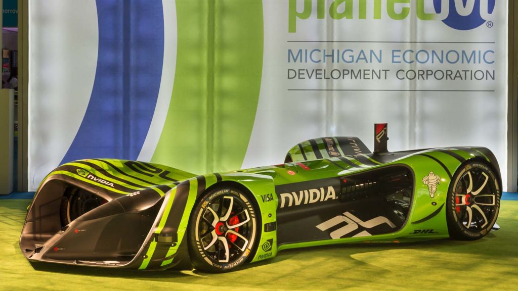 A racecar featuring Drive PX 2 technology from Nvidia (NVDA) parked.