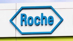 A Roche (RHHBY) sign outside of a company office in Belmont, California