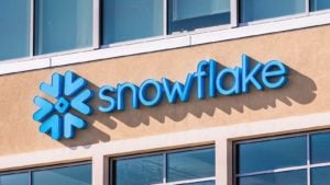 The Snowflake logo on a company office in Silicon Valley. cloud stocks