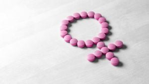 Pink pills form the shape of the Venus symbol on a light wooden background.