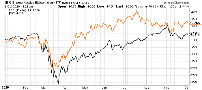 A chart comparing the S&P 500 to the iShares Nasdaq Biotechnology ETF (IBB).