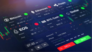 Crypto stocks command center displaying bitcoin, ethereum, ripple, EOS, BTC cash and stellar.