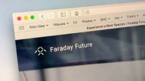 A close-up shot of the website for EV maker Faraday Future representing FFIE stock.