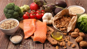 Image of healty foods laid out on a table.