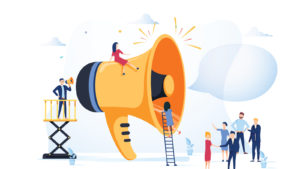 graphic of man using megaphone to talk into giant megaphone towards group of people, conveying idea of advertising