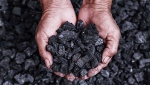 A close-up shot of hands holding coal with more coal in the background.