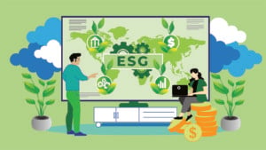 An image of a man pointing at a TV screen that says "ESG" among several icons representing investing and finance, while a woman sits on a stack of coins next to a plant, working on a laptop. esg investing