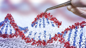 Image of a hand placing data into a strain of DNA.