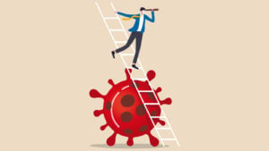 graphic of man on ladder with telescope, with the ladder balancing on novel coronavirus