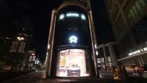 A Nio (NIO) store at night in Shanghai, China. 