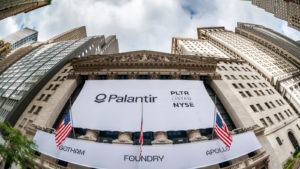 A banner for Palantir (PLTR) hangs on the New York Stock Exchange.