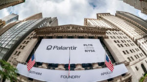 A banner for Palantir (PLTR) hangs on the New York Stock Exchange.