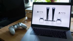 The new PlayStation 5 console from Sony (SNE) is displayed on a laptop screen. 