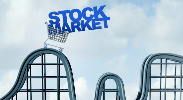 a digital representation of a cart on a rollercoaster containing the words "stock market". stocks for earnings volatility